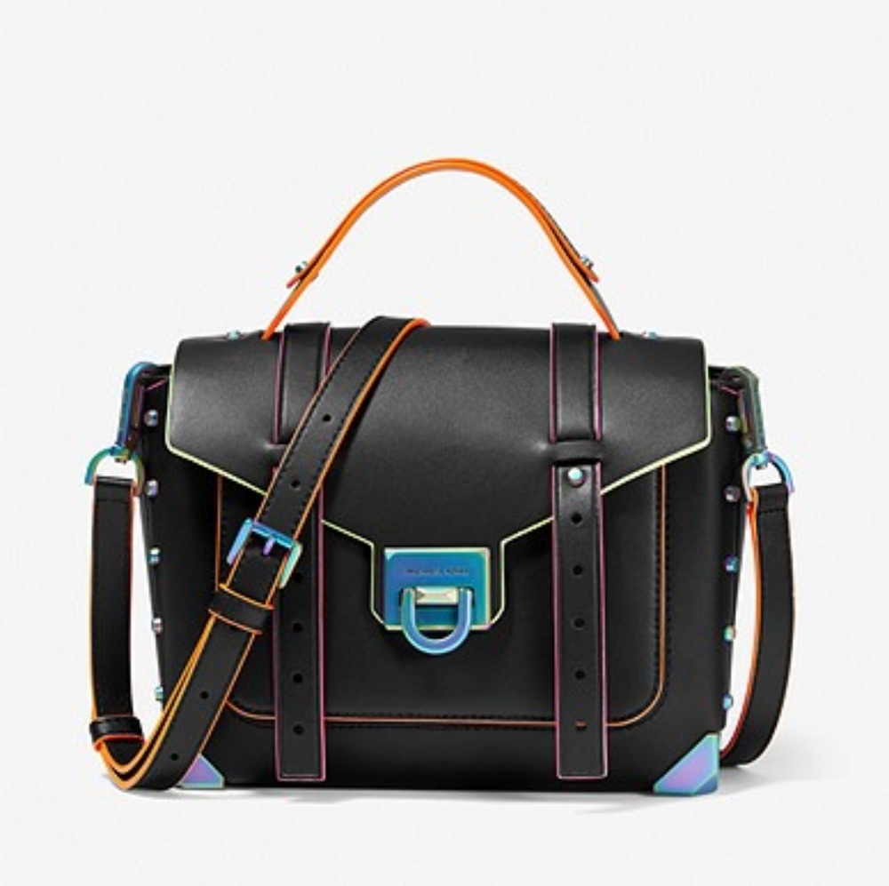 Michael Kors Manhattan Medium Contrast-Trim Leather Satchel